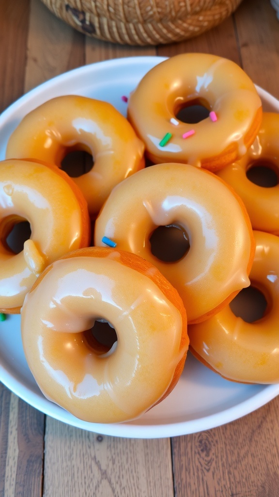 A plate of classic glazed donuts with a shiny glaze, some topped with sprinkles, on a rustic wooden table.